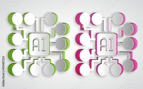Paper cut Neural network icon isolated on grey background. Artificial intelligence AI. Paper art style. Vector
