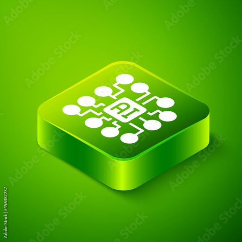 Isometric Neural network icon isolated on green background. Artificial intelligence AI. Green square button. Vector