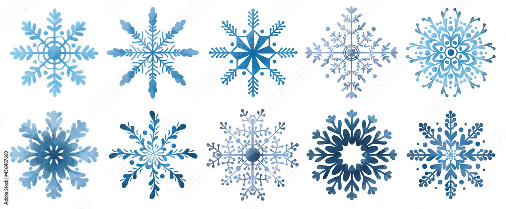 Winter set of blue snowflakes. White background. Winter set of blue snowflakes. White background.