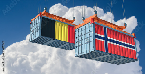 Freight containers with Belgium and Norway national flags. 3D Rendering 