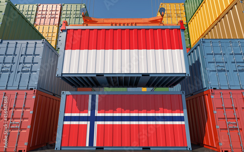 Freight containers with Indonesia and Norway national flags. 3D Rendering 