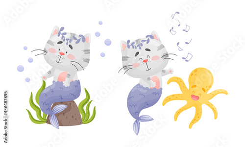 Grey Cat Mermaid with Fish Tail and Floral Wreath Floating on the Ocean Bottom Vector Set