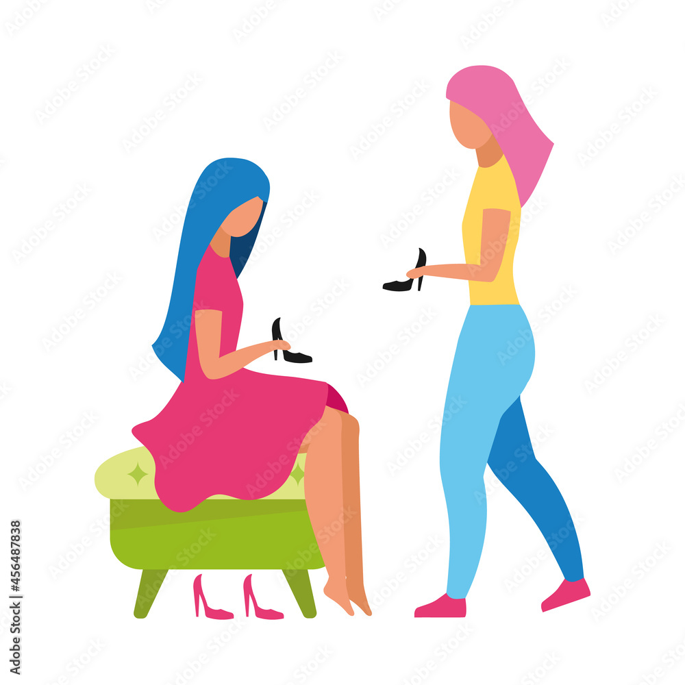 Women choosing high-heeled shoes semi flat color vector characters. Full body people on white. Girlfriends shopping isolated modern cartoon style illustration for graphic design and animation Women choosing high-heeled shoes semi flat color vector characters. Full body people on white. Girlfriends shopping isolated modern cartoon style illustration for graphic design and animation