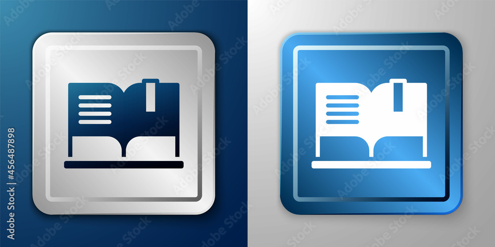White Open book icon isolated on blue and grey background. Silver and blue square button. Vector White Open book icon isolated on blue and grey background. Silver and blue square button. Vector