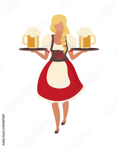 Blonde waitress with beer semi flat color vector character. Full body person on white. Wearing traditional costume isolated modern cartoon style illustration for graphic design and animation