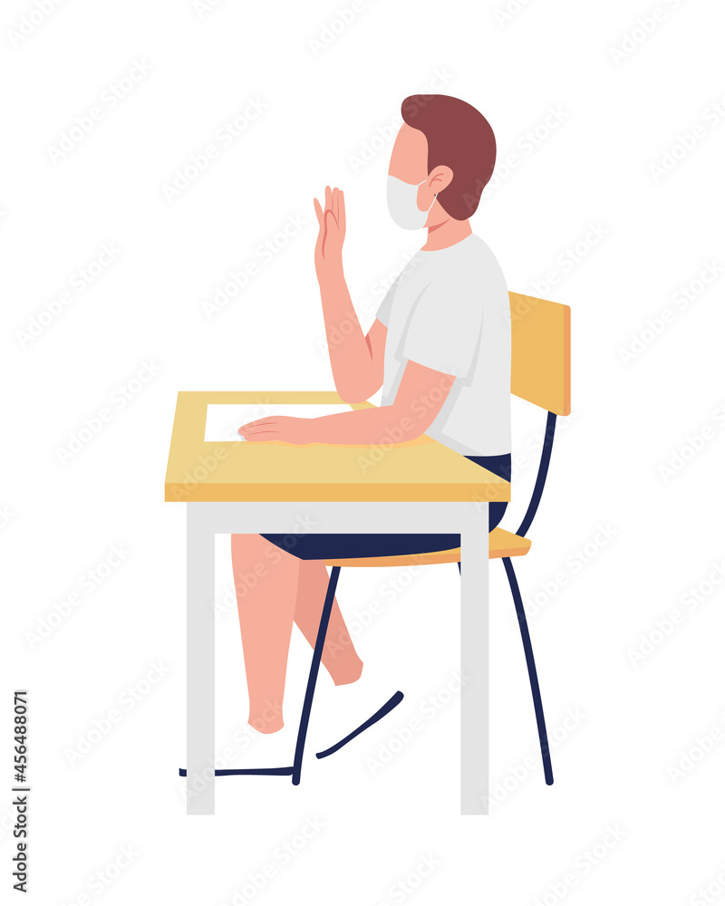 Boy in mask at school lesson semi flat color vector character. Schoolboy figure. Full body person on white. Pandemic rules isolated modern cartoon style illustration for graphic design and animation Boy in mask at school lesson semi flat color vector character. Schoolboy figure. Full body person on white. Pandemic rules isolated modern cartoon style illustration for graphic design and animation
