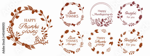  Set of Autumn Calligraphy. Thanksgiving typography decoration with autumn leaves, berries and pumpkin. thanks message text design elements for card, poster, banner, web and design.
