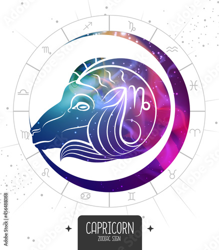 Modern magic witchcraft card with astrology Capricorn zodiac sign. Capricorn silhouette with outer space inside