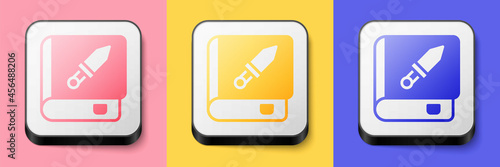 Isometric Book about weapon icon isolated on pink, yellow and blue background. Small firearm. Weapon catalog. Square button. Vector