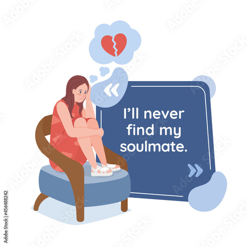 Heart broken teen girl vector quote box with flat character. Depressed teenager. Unrequited love. Speech bubble with cartoon illustration. Colourful quotation design on white background