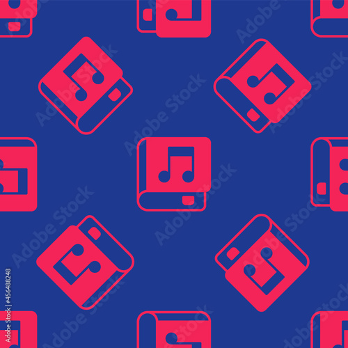 Red Audio book icon isolated seamless pattern on blue background. Musical note with book. Audio guide sign. Online learning concept. Vector