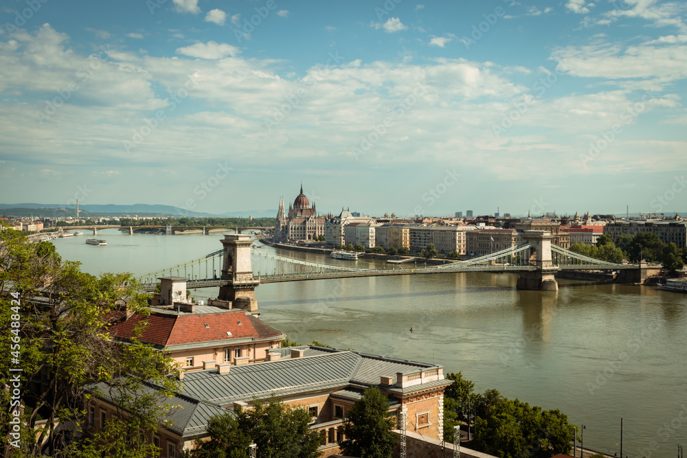 Fototapeta premium View of Chain Bridge, Hungarian Parliament and Danube River form Buda Castle