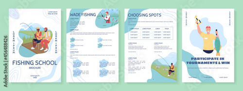 Fishing school flat vector brochure template. Catch fish. Flyer, booklet, printable leaflet design with flat illustrations. Magazine page, cartoon reports, infographic posters with text space