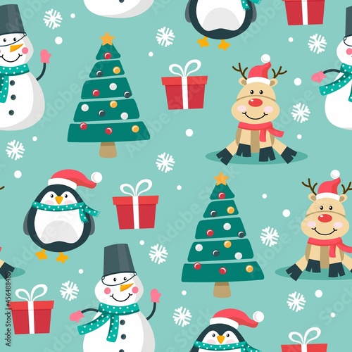 Christmas pattern with a Christmas tree with gifts of a deer and a snowman. The concept of Christmas and New Year. Vector illustration in a flat style.