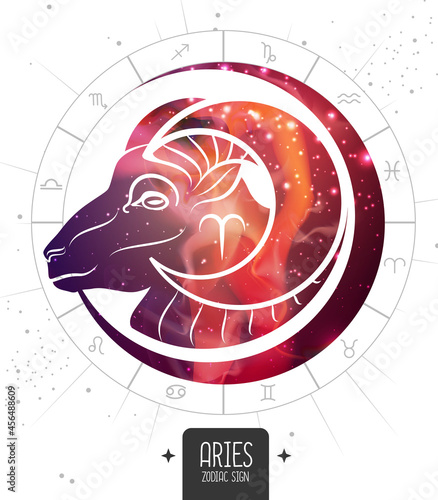 Modern magic witchcraft card with astrology Aries zodiac sign. Aries silhouette with outer space inside