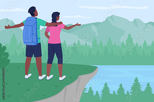 Backpackers on mountain peak flat color vector illustration. Recreational adventure. Tourists together. Hugging couple enjoying view 2D cartoon characters with landscape on background