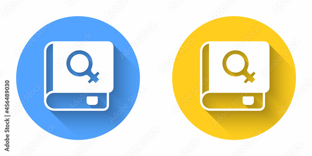 White Book about women icon isolated with long shadow background. 8 March. International Happy Women Day. Circle button. Vector White Book about women icon isolated with long shadow background. 8 March. International Happy Women Day. Circle button. Vector