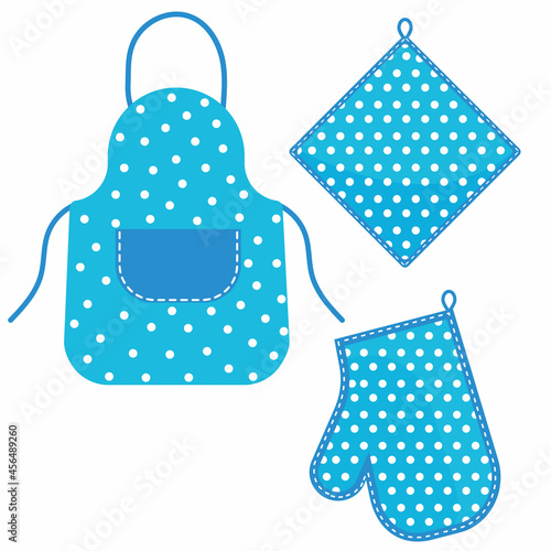 Oven mitt and oven mitt and apron hanging on the rack on hooks, color isolated vector illustration in the flat style