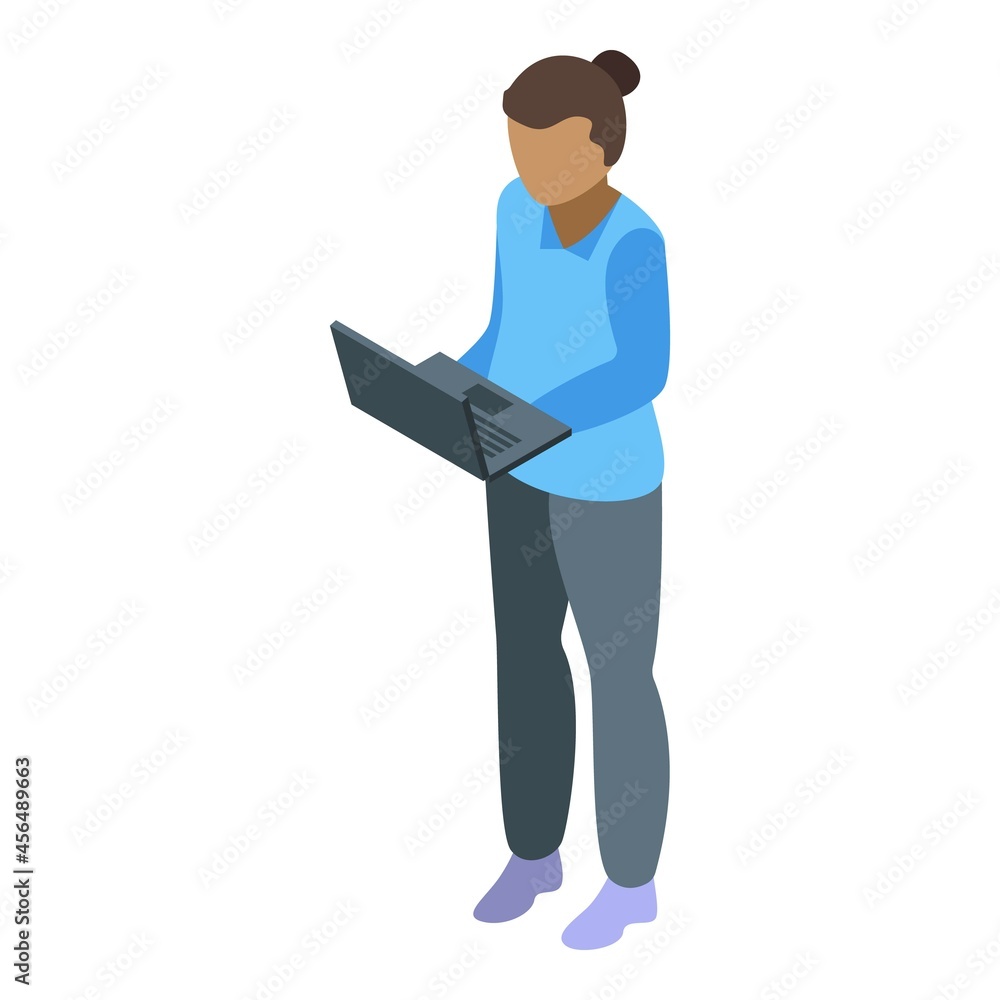 Freelancer girl icon isometric vector. Home work. Computer laptop Freelancer girl icon isometric vector. Home work. Computer laptop