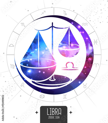 Modern magic witchcraft card with astrology Libra zodiac sign. Scales silhouette with outer space inside
