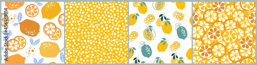 The set is an abstract modern seamless pattern with citrus fruits, useful vitamins. Healthy vegan food. Lemons, oranges, tangerines cut into round slices, slices. Simple shapes, drops. Vector graphics