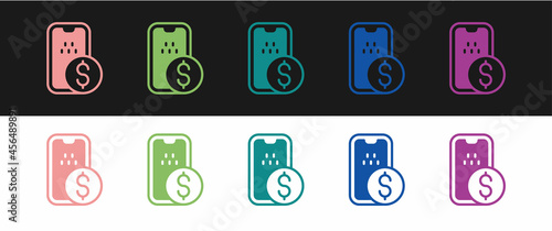 Set Mobile banking icon isolated on black and white background. Transfer money through mobile banking on the mobile phone screen. Vector