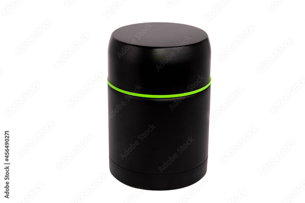 Black thermos with a green rim on a white background Black thermos with a green rim on a white background