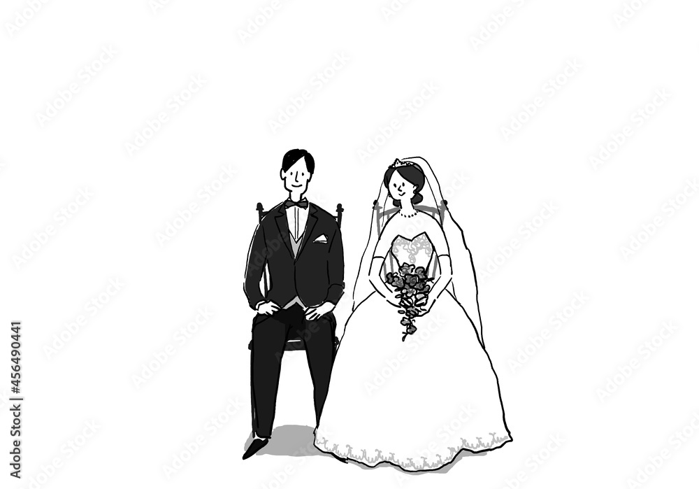 椅子に座って微笑む新郎新婦（ドレス2）、結婚式、ウエディング、