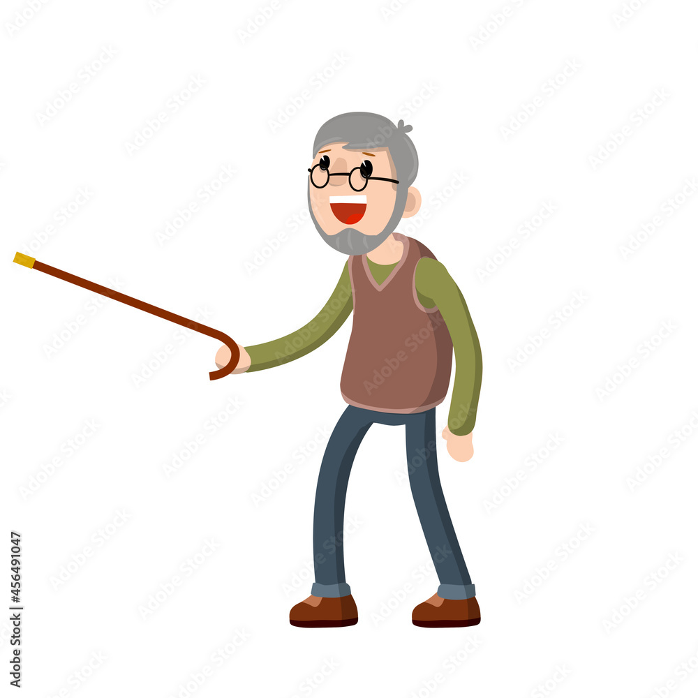 Funny old man with a cane. Senior point direction. Active Lifestyle and recreation grandfather. Cartoon flat illustration Funny old man with a cane. Senior point direction. Active Lifestyle and recreation grandfather. Cartoon flat illustration