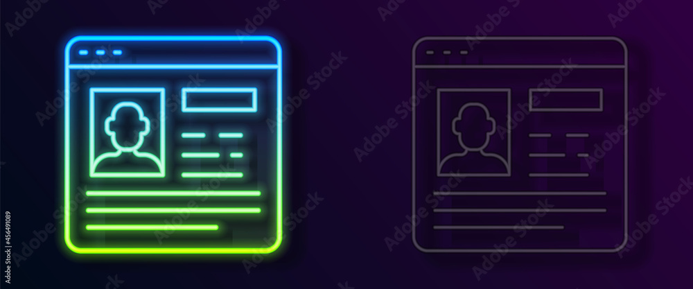 Glowing neon line Resume icon isolated on black background. CV application. Searching professional staff. Analyzing personnel resume. Vector Glowing neon line Resume icon isolated on black background. CV application. Searching professional staff. Analyzing personnel resume. Vector