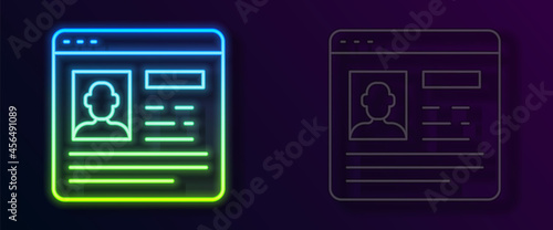 Glowing neon line Resume icon isolated on black background. CV application. Searching professional staff. Analyzing personnel resume. Vector