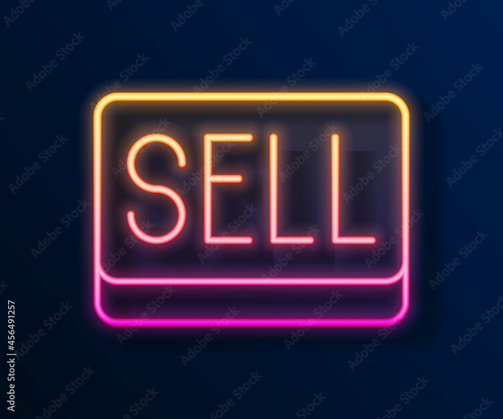 Glowing neon line Sell button icon isolated on black background. Financial and stock investment market concept. Vector Glowing neon line Sell button icon isolated on black background. Financial and stock investment market concept. Vector