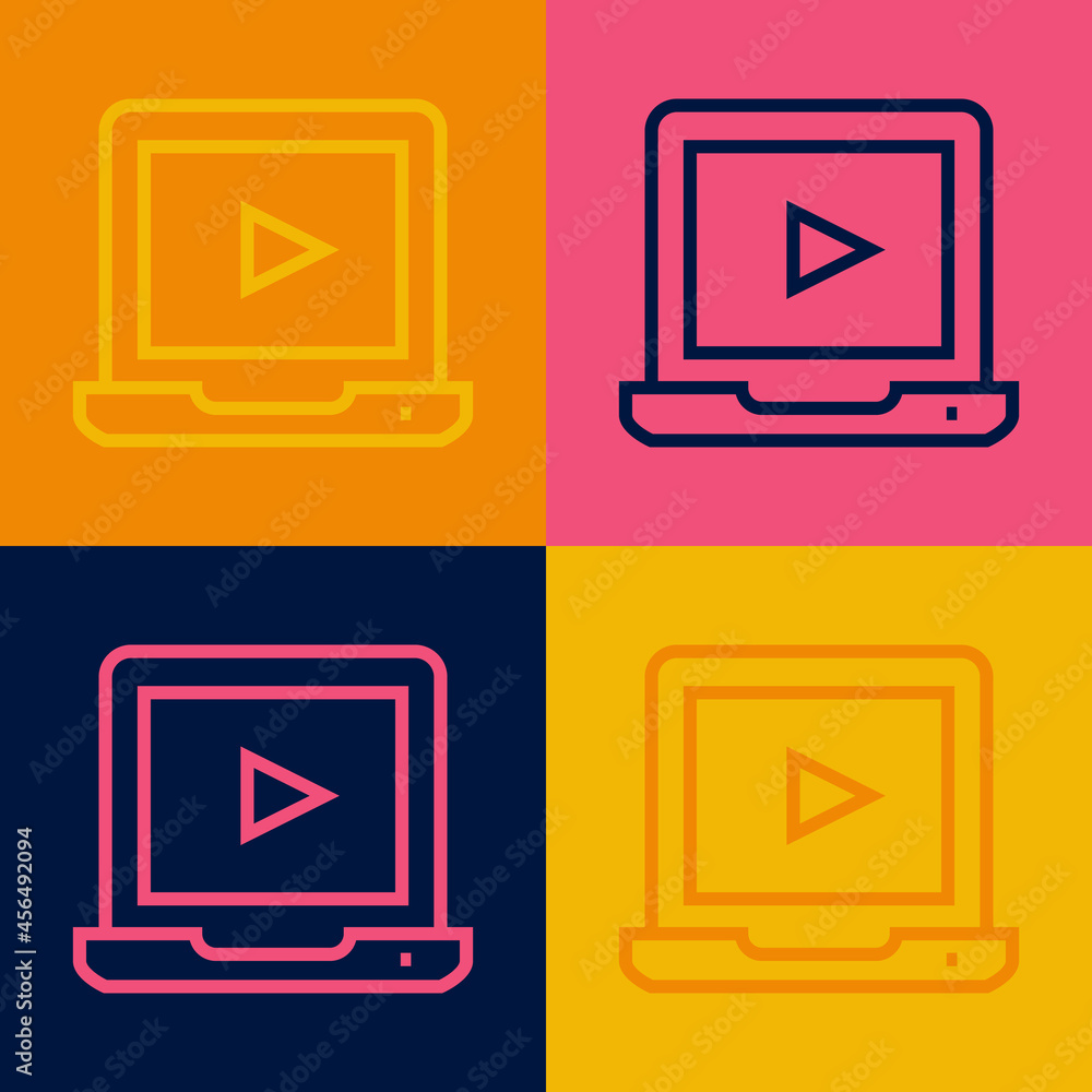 Pop art line Online play video icon isolated on color background. Laptop and film strip with play sign. Vector Pop art line Online play video icon isolated on color background. Laptop and film strip with play sign. Vector