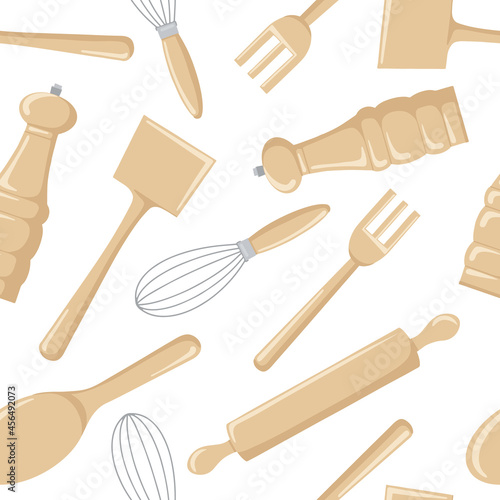 Seamless pattern of wooden kitchen tools for cooking