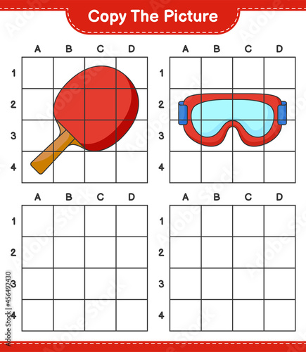 Copy the picture, copy the picture of Ping Pong Racket and Goggle using grid lines. Educational children game, printable worksheet, vector illustration