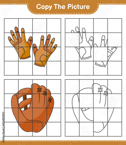 Copy the picture, copy the picture of Golf Gloves and Baseball Glove using grid lines. Educational children game, printable worksheet, vector illustration