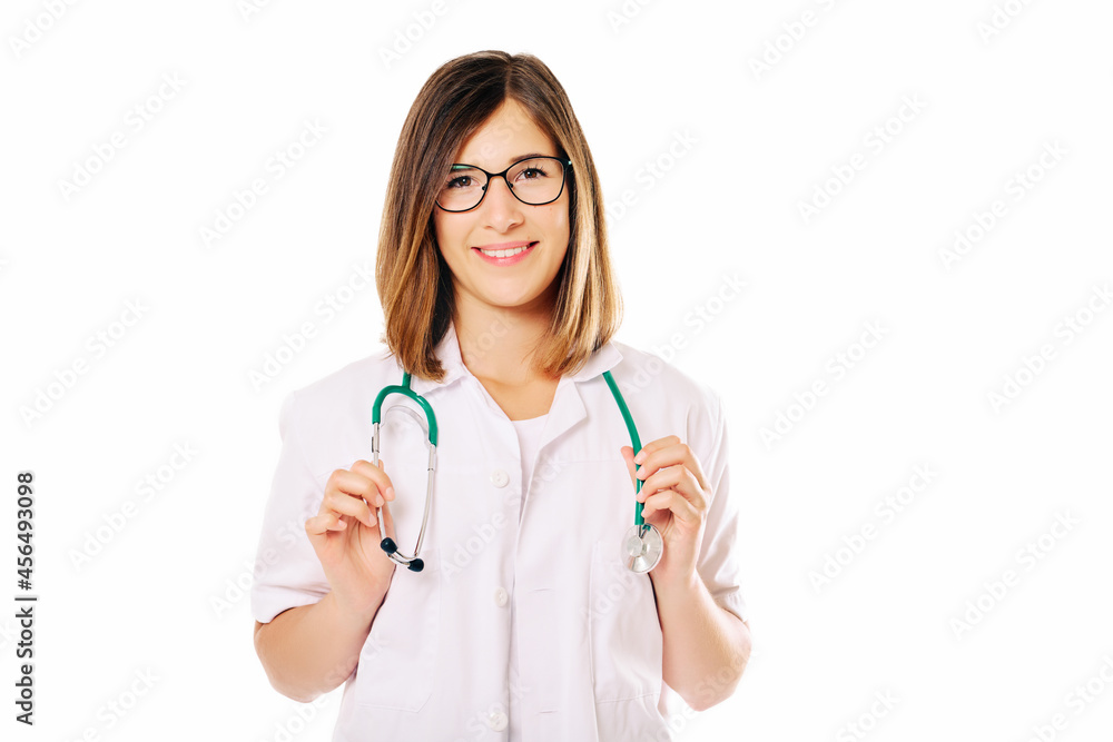 Studio portrait of young female doctor posing on white background Studio portrait of young female doctor posing on white background