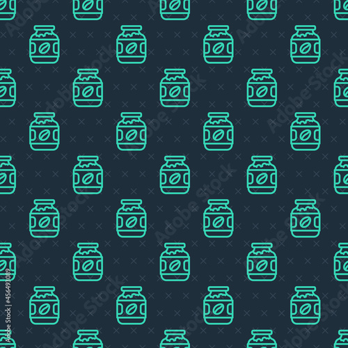 Green line Coffee jar bottle icon isolated seamless pattern on blue background. Vector