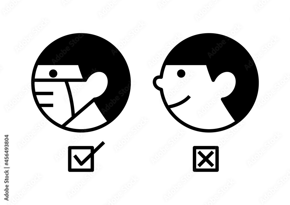 Wearing a mask and without mask sign, prevention virus icon, mask