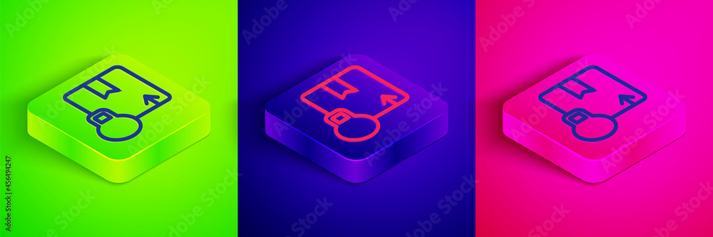 Isometric line Carton cardboard box icon isolated on green, blue and pink background. Box, package, parcel sign. Delivery and packaging. Square button. Vector Isometric line Carton cardboard box icon isolated on green, blue and pink background. Box, package, parcel sign. Delivery and packaging. Square button. Vector