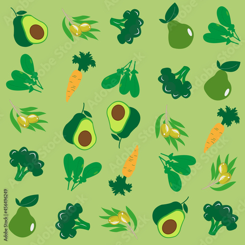 Collage of organic food, vegetables and fruits, vegetables seamless pattern. Natural food on a green background. Icons, pattern for restaurant, cafe and frkut store. Contemporary exotic designs for pa