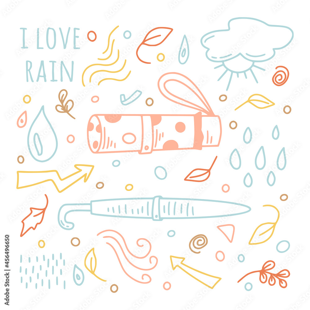 Cute umbrella set in hand drawn style for autumn concept in different shapes in autumn colors isolated on background. Vector illustration.