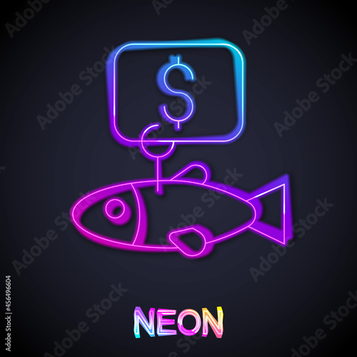 Glowing neon line Price tag for fish icon isolated on black background. Vector