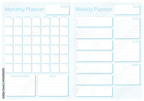 Week and month planner leaf in blue color without dates, week starts on Monday, template, mock up calendar leaf illustration. Vector graphic page