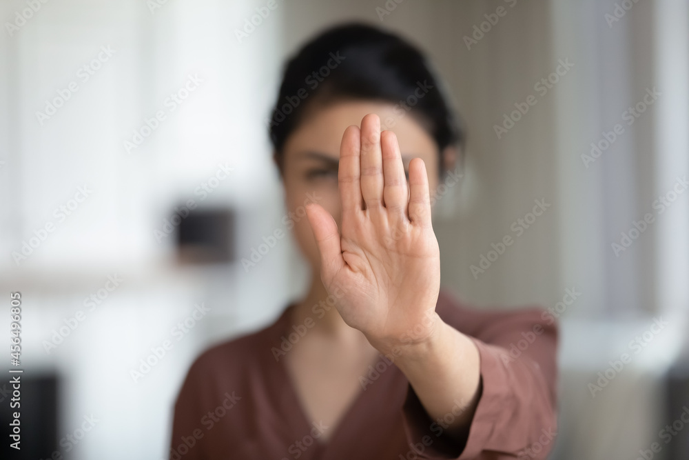 No. Courageous young female extend hand in stop gesture oppose against domestic sexual violence abuse racial gender discrimination. Millennial lady rebel against violation of women rights. Copy space No. Courageous young female extend hand in stop gesture oppose against domestic sexual violence abuse racial gender discrimination. Millennial lady rebel against violation of women rights. Copy space