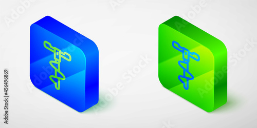 Isometric line Hand ice drill for winter fishing icon isolated grey background. Blue and green square button. Vector