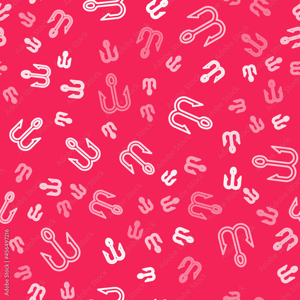 White line Fishing hook icon isolated seamless pattern on red background. Fishing tackle. Vector White line Fishing hook icon isolated seamless pattern on red background. Fishing tackle. Vector