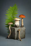 Minimalism conceptual still life with mushrooms and fern. Different boletus on concrete podium on gray background. Superfood concept. Vertical.