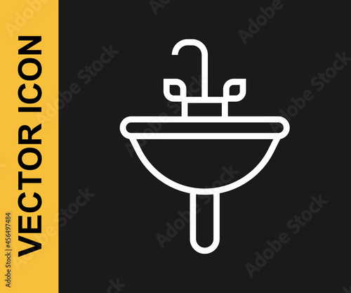 White line Washbasin with water tap icon isolated on black background. Vector