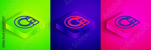 Isometric line Dishwashing liquid bottle and plate icon isolated on green, blue and pink background. Liquid detergent for washing dishes. Square button. Vector